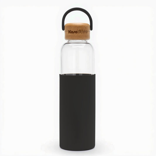 KasaCore Borosilicate Glass Water Bottle – Silicone Sleeve & Bamboo Cap – 550ml