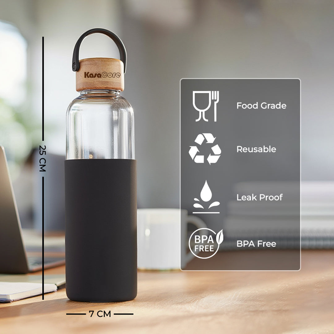 KasaCore Borosilicate Glass Water Bottle – Silicone Sleeve & Bamboo Cap – 550ml