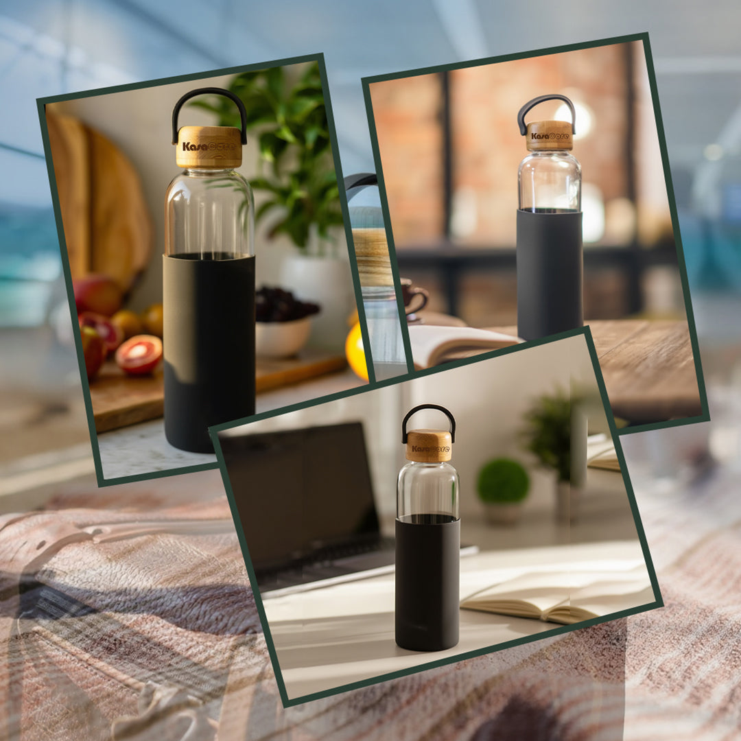 KasaCore Borosilicate Glass Water Bottle – Silicone Sleeve & Bamboo Cap – 550ml