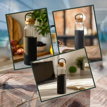 KasaCore Borosilicate Glass Water Bottle – Silicone Sleeve & Bamboo Cap – 550ml