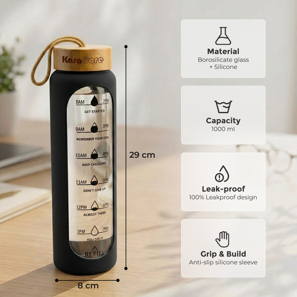 KasaCore Time Marker Glass Bottle with Silicone & Carry Loop