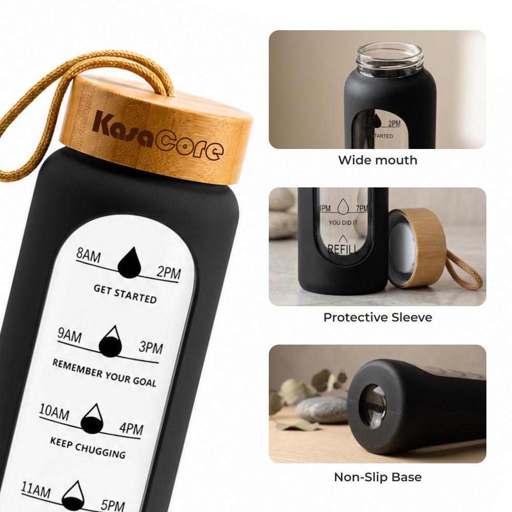 KasaCore Time Marker Glass Bottle with Silicone & Carry Loop