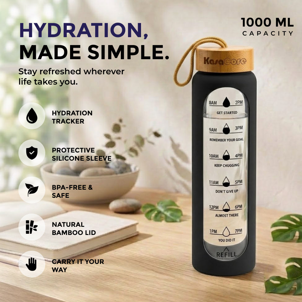 KasaCore Time Marker Glass Bottle with Silicone & Carry Loop
