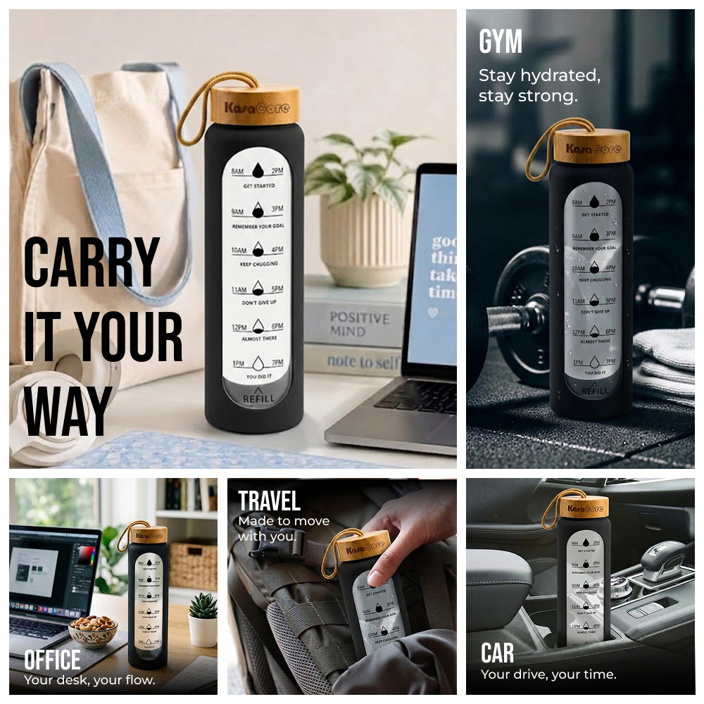 KasaCore Time Marker Glass Bottle with Silicone & Carry Loop