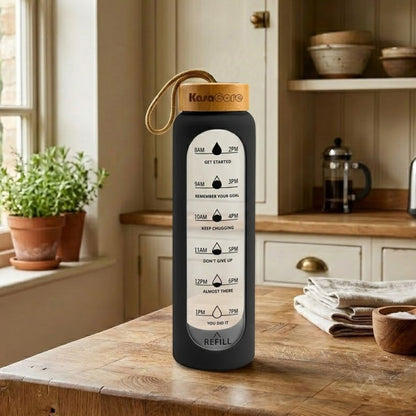 KasaCore Time Marker Glass Bottle with Silicone & Carry Loop
