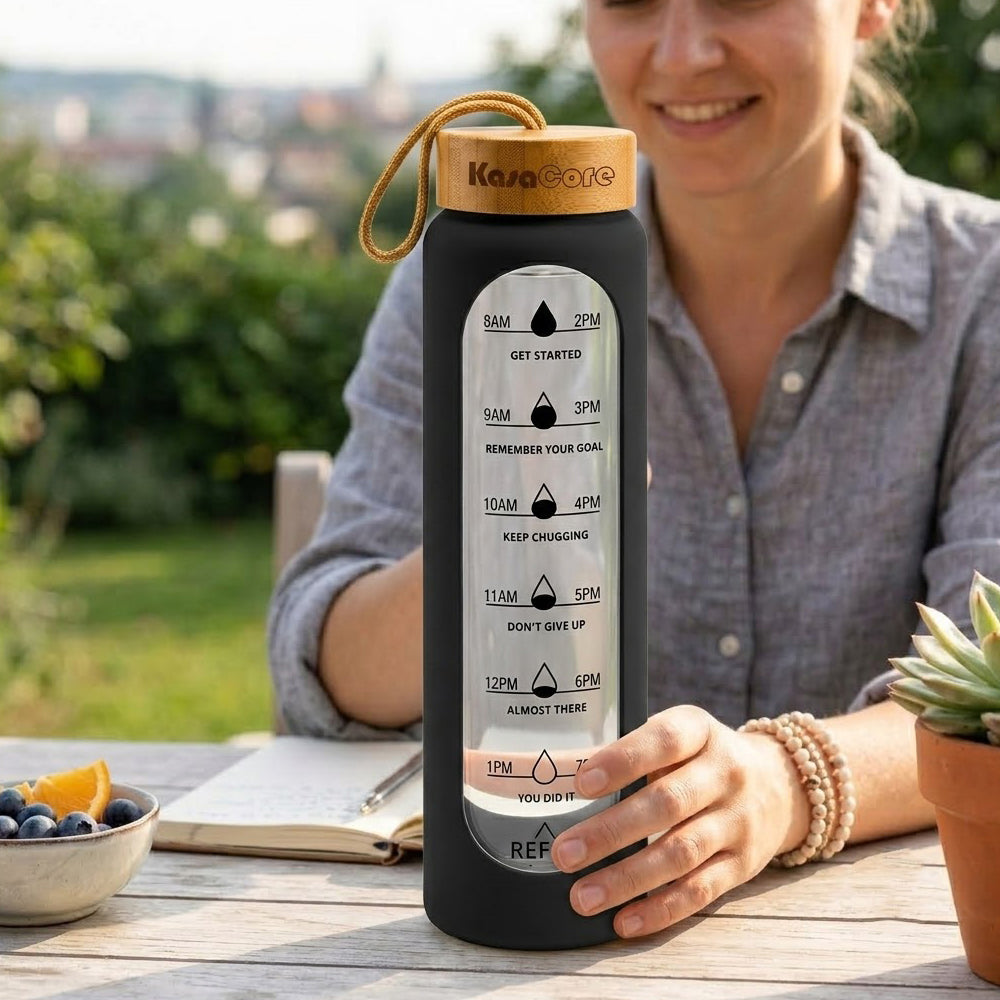 KasaCore Time Marker Glass Bottle with Silicone & Carry Loop