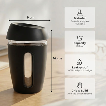 KasaCore 350ml Glass Coffee Mug with Dual Sip Lid