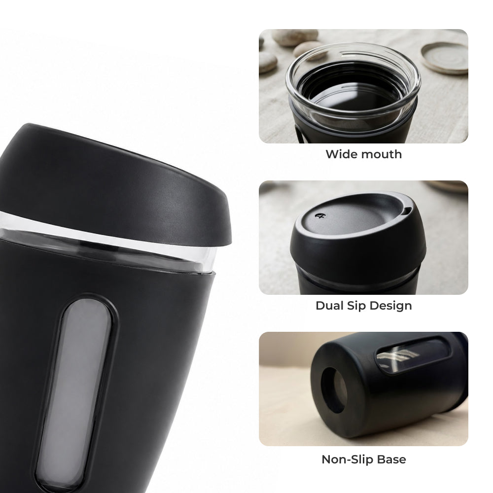 KasaCore 350ml Glass Coffee Mug with Dual Sip Lid