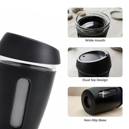 KasaCore 350ml Glass Coffee Mug with Dual Sip Lid