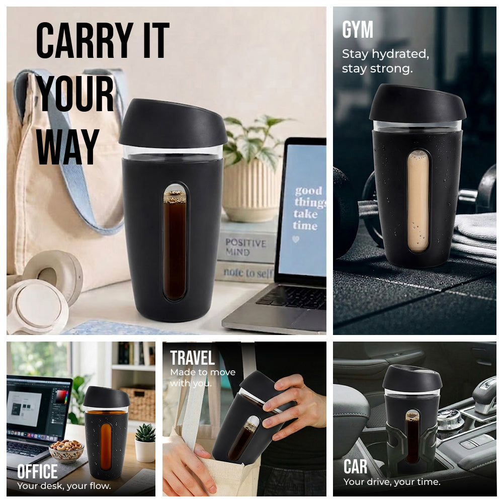KasaCore 350ml Glass Coffee Mug with Dual Sip Lid