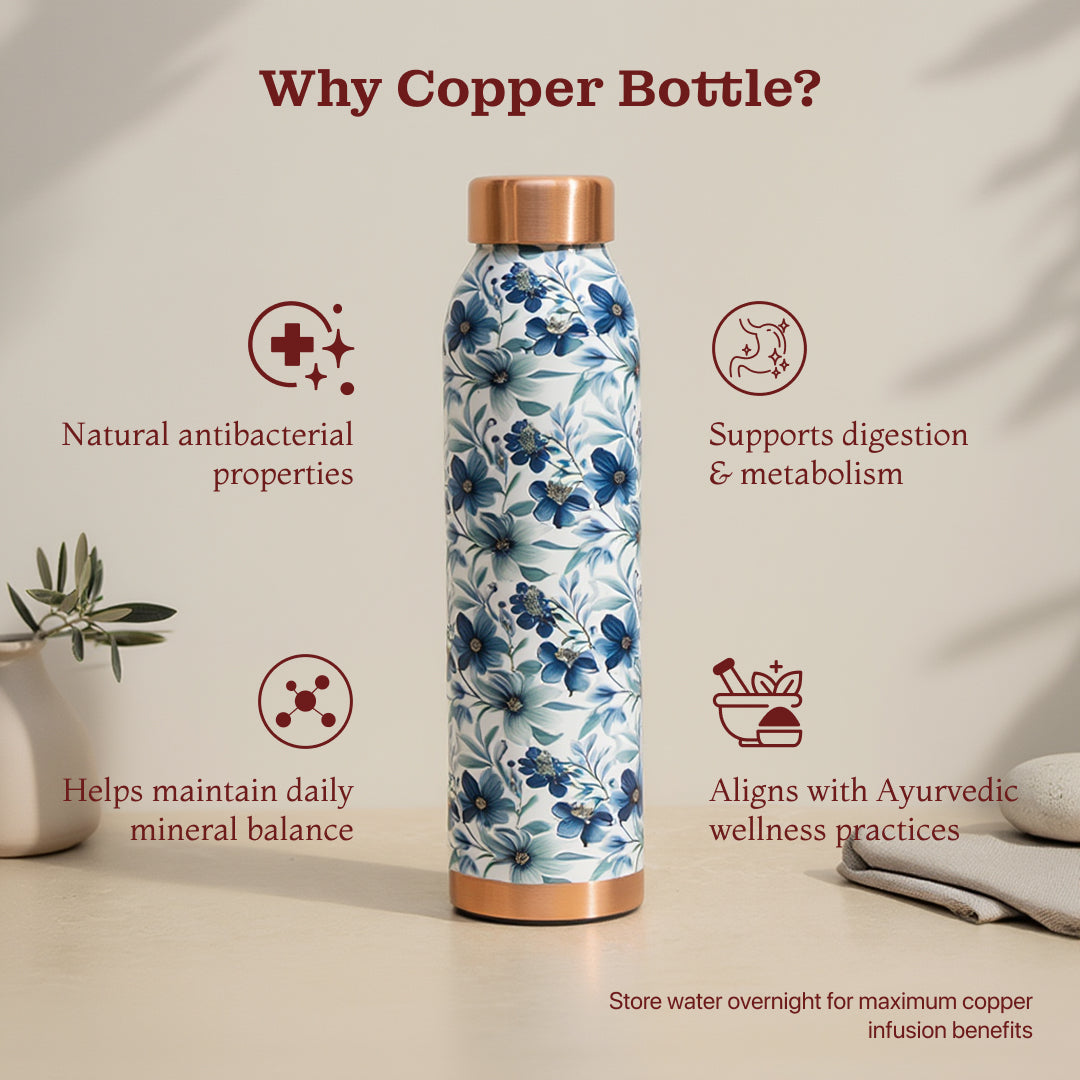 KasaCore Blue Floral Print Copper Water Bottle – 950ml