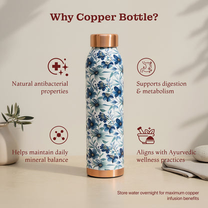KasaCore Blue Floral Print Copper Water Bottle – 950ml