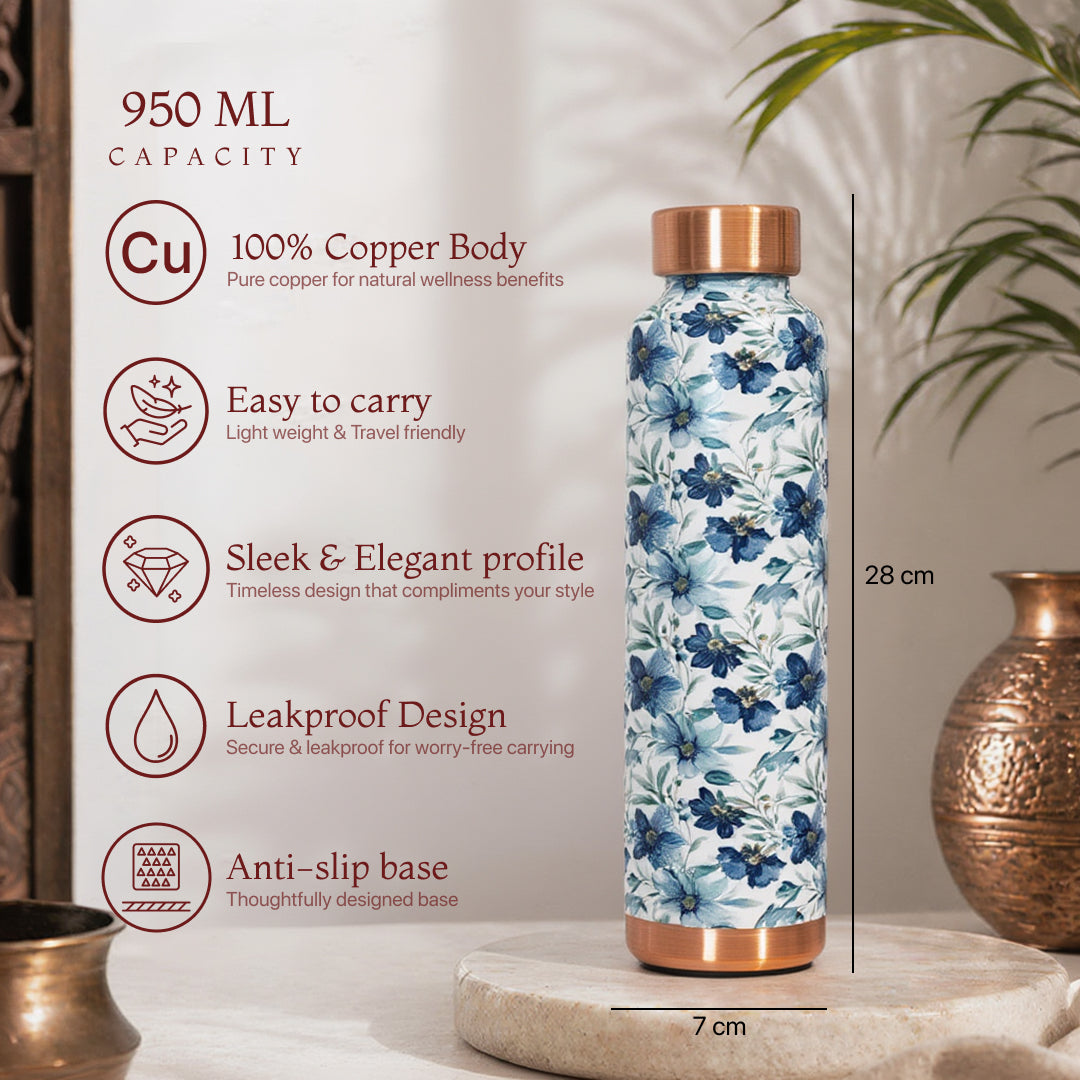 KasaCore Blue Floral Print Copper Water Bottle – 950ml