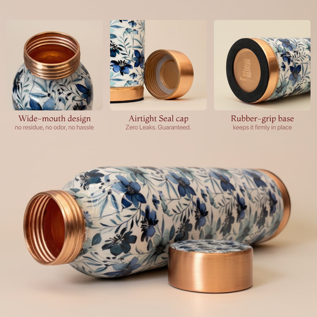 KasaCore Blue Floral Print Copper Water Bottle – 950ml