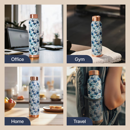 KasaCore Blue Floral Print Copper Water Bottle – 950ml