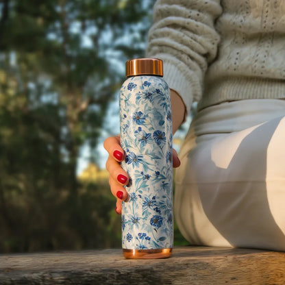 KasaCore Blue Floral Print Copper Water Bottle – 950ml