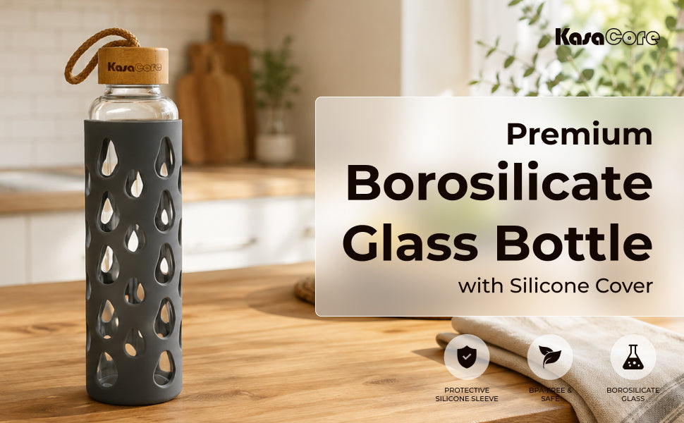 KasaCore Glass Water Bottle with Silicone Sleeve & Loop Cap detail 1
