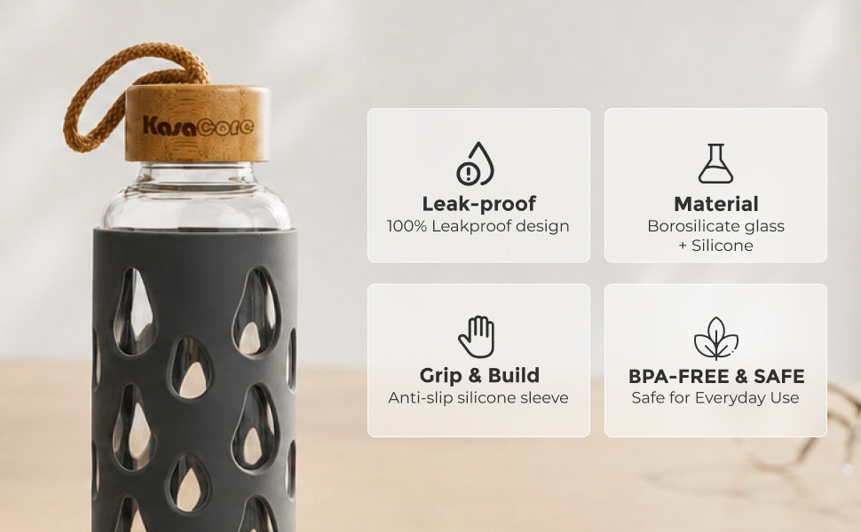 KasaCore Glass Water Bottle with Silicone Sleeve & Loop Cap detail 2