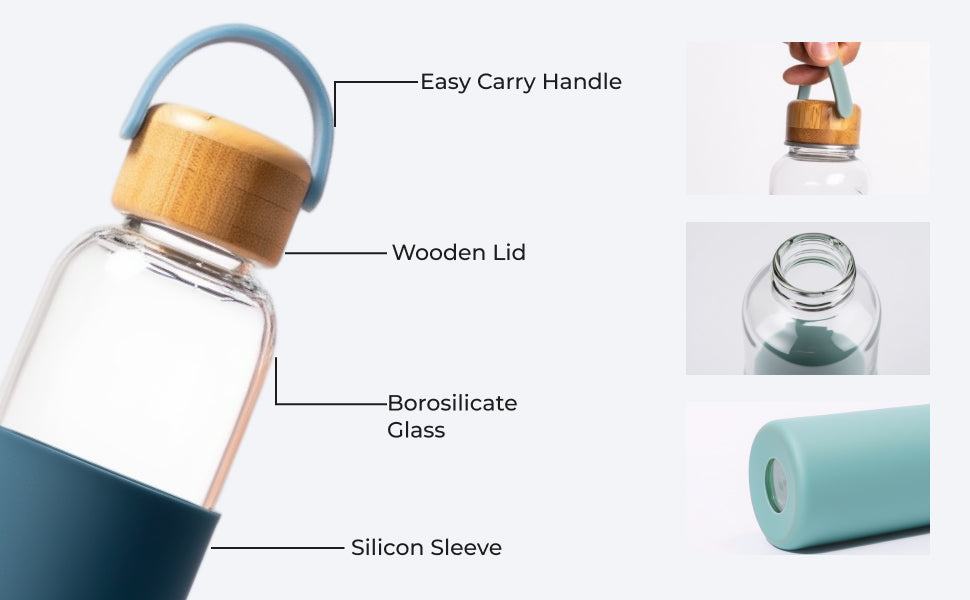 KasaCore Borosilicate Glass Water Bottle – Silicone Sleeve & Bamboo Cap – 550ml detail 3