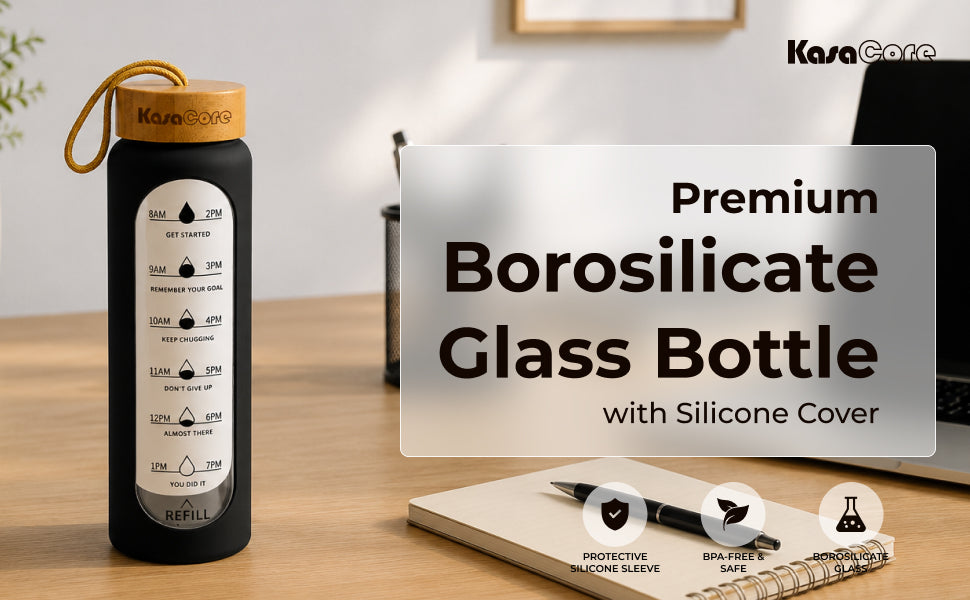 KasaCore Time Marker Glass Bottle with Silicone & Carry Loop detail 1