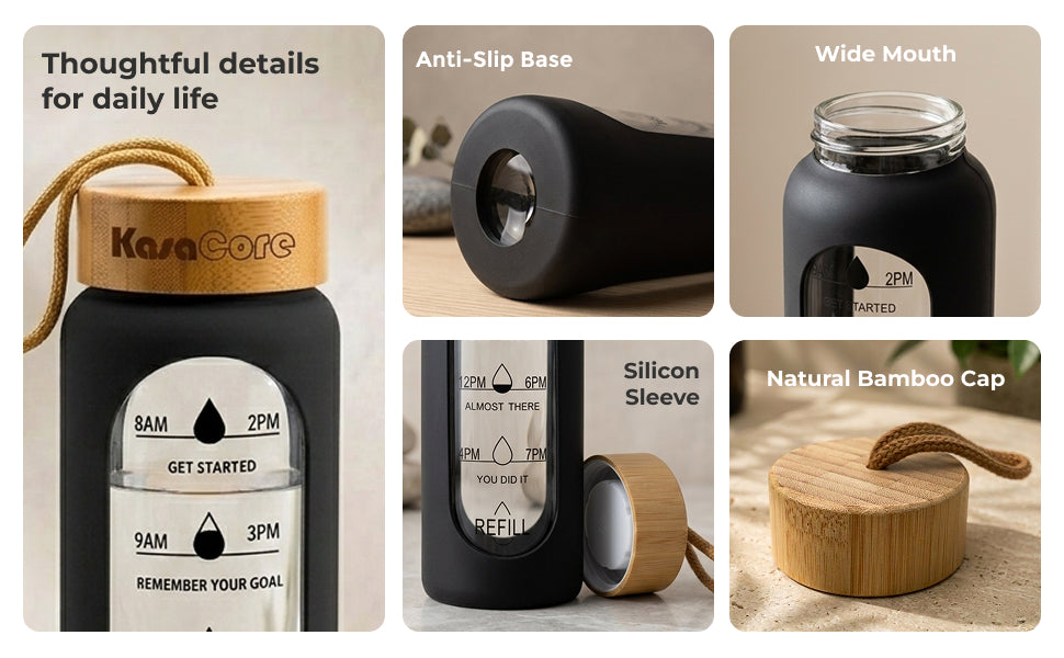 KasaCore Time Marker Glass Bottle with Silicone & Carry Loop detail 3
