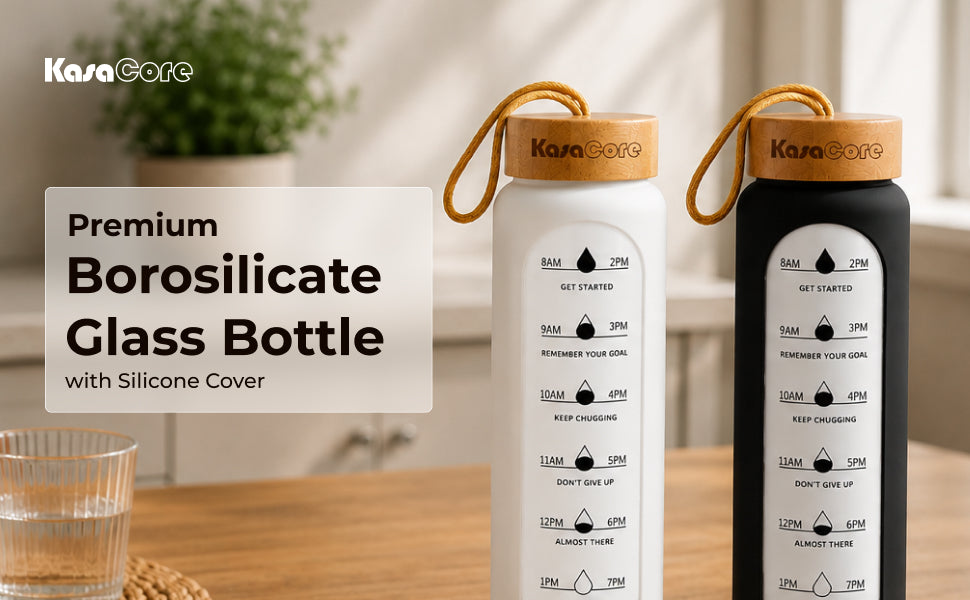 KasaCore Time Marker Glass Bottle with Silicone & Carry Loop detail 5