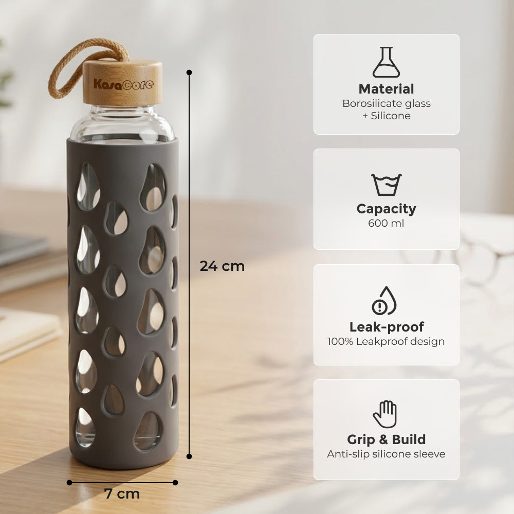 KasaCore Glass Water Bottle with Silicone Sleeve & Loop Cap