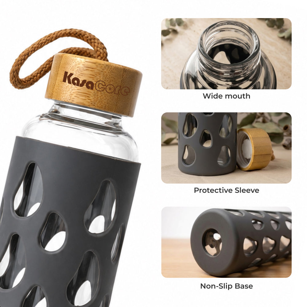 KasaCore Glass Water Bottle with Silicone Sleeve & Loop Cap