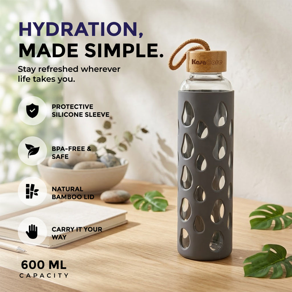 KasaCore Glass Water Bottle with Silicone Sleeve & Loop Cap