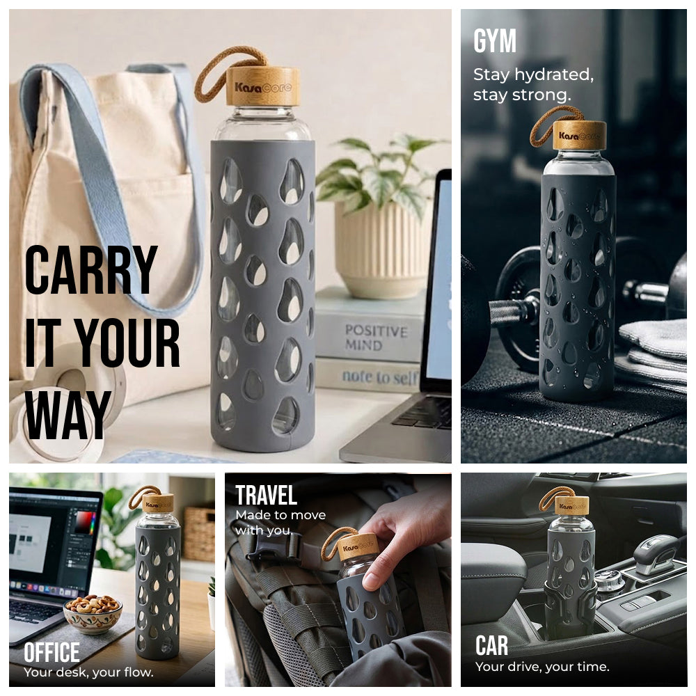 KasaCore Glass Water Bottle with Silicone Sleeve & Loop Cap
