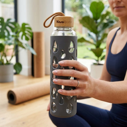 KasaCore Glass Water Bottle with Silicone Sleeve & Loop Cap