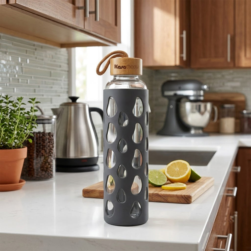 KasaCore Glass Water Bottle with Silicone Sleeve & Loop Cap