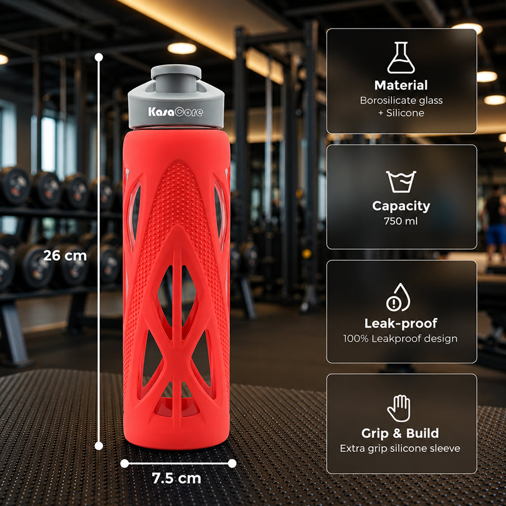 KasaCore 750ml Glass Water Bottle with Silicone Sleeve