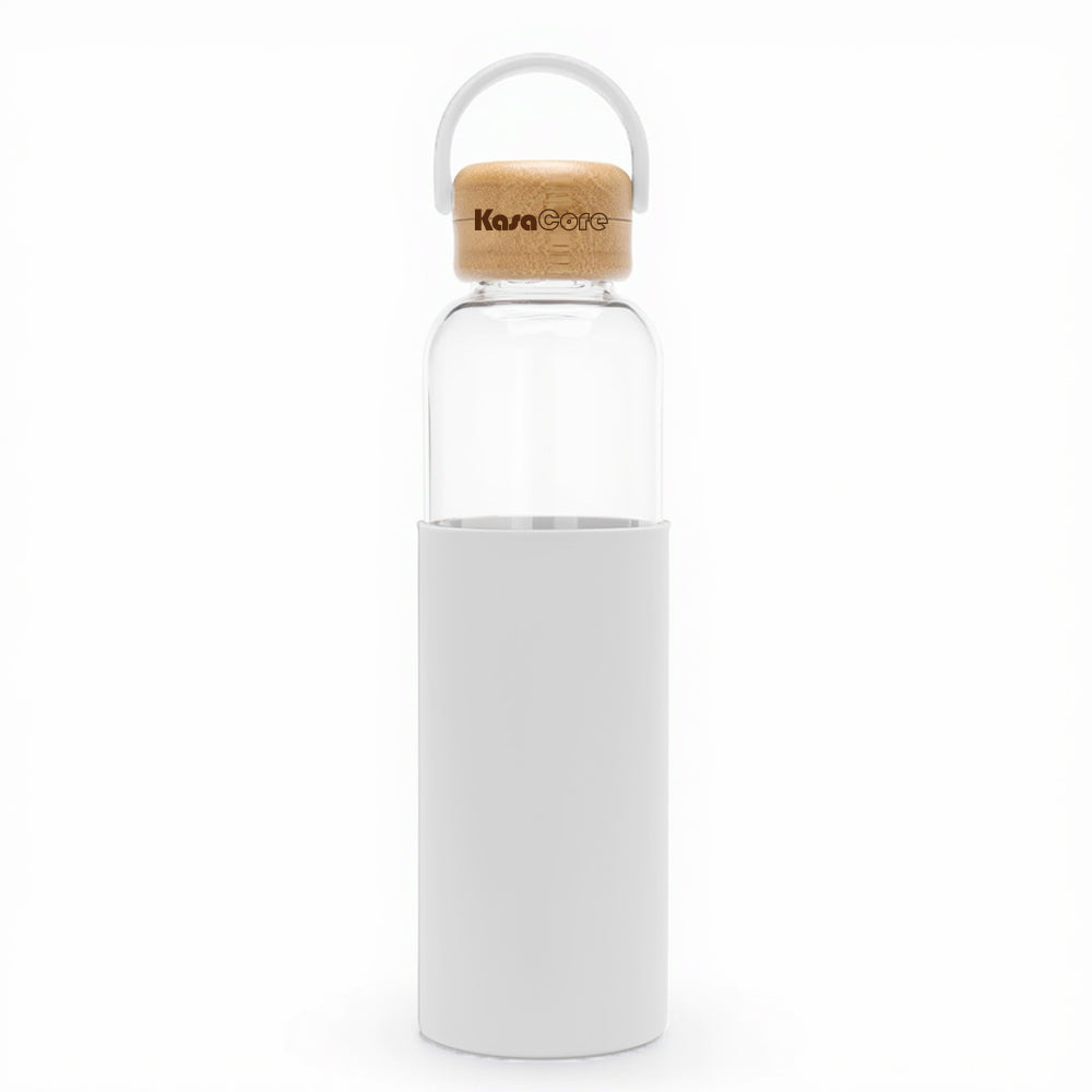KasaCore Borosilicate Glass Water Bottle – Silicone Sleeve & Bamboo Cap – 550ml
